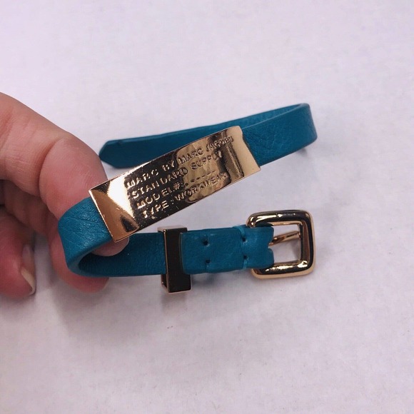 Marc by Marc Jacobs Teal Blue Leather Bracelet Gold Belt ID Tone **FLAW - Picture 1 of 8